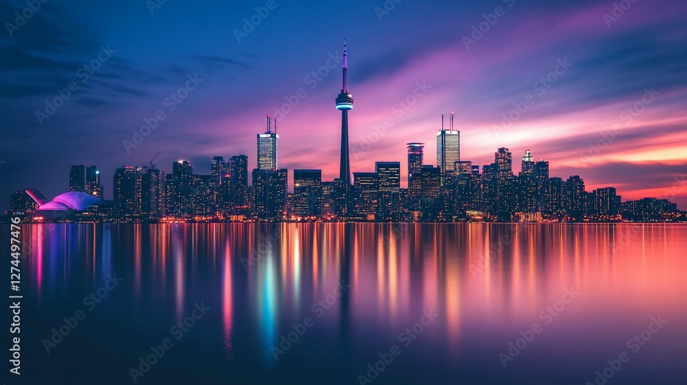 Fototapeta premium Toronto Skyline at Dusk: A Stunning Reflection of Urban Majesty over Calm Waters