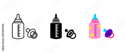 Baby bottle with pacifier icon. Infant feeding and milk sign. Newborn care symbol. Motherhood and nutrition pictogram. Nursery comfort illustration. Parenthood safety concept.