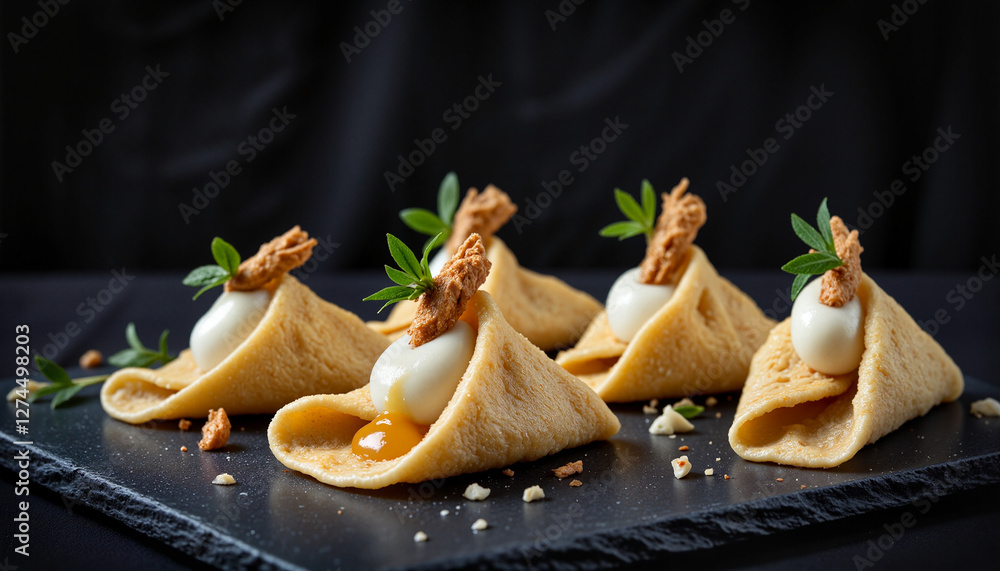 Elegant chef-crafted cheese blini with rich filling and garnishes on dark slate Elegant chef-crafted cheese blini with rich filling and garnishes on dark slate
