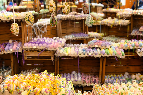 Photography Colorful and painted Easter eggs on wooden shelves,Vienna,Austria