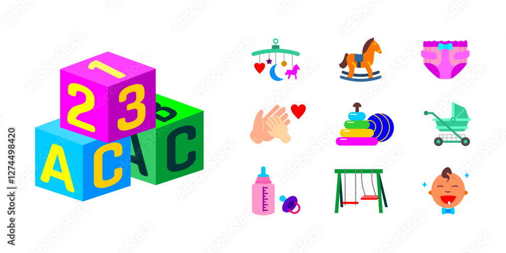 Baby care icon set. Alphabet blocks and pacifier sign. Stroller, diaper, and swing symbol. Rocking horse, stacking rings, and mobile pictogram. Smiling baby and parenting illustration. Baby care icon set. Alphabet blocks and pacifier sign. Stroller, diaper, and swing symbol. Rocking horse, stacking rings, and mobile pictogram. Smiling baby and parenting illustration.