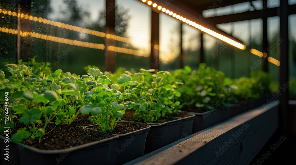 Lush green plants in greenhouse with glowing LED lights Lush green plants in greenhouse with glowing LED lights