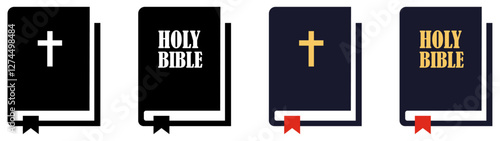 Bible icon set with cross and holy bible text in black and gold versions religious book vector illustration for christianity and church design. Holy bible vector book icon. Holy scripture religious. 