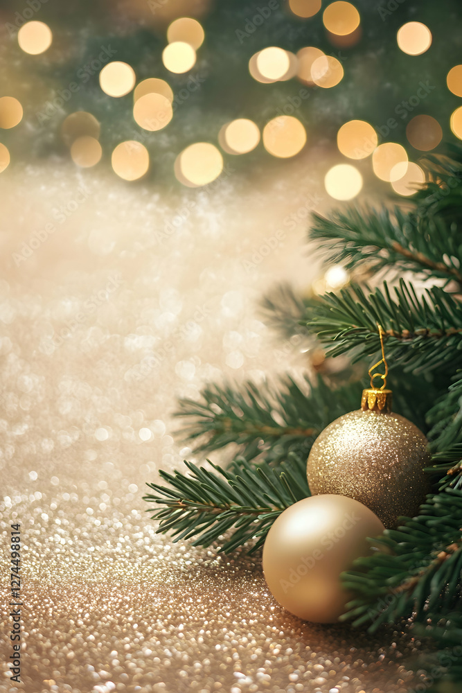 Christmas background with golden ornaments and fir tree branches on a shiny glitter background