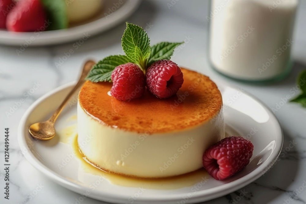A delicious dessert with a raspberry on top. The cake is served on a white plate and is placed on a marble countertop. The plate is positioned in the center of the image A delicious dessert with a raspberry on top. The cake is served on a white plate and is placed on a marble countertop. The plate is positioned in the center of the image