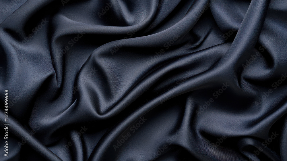 Luxurious black satin fabric with smooth, deep folds and texture Luxurious black satin fabric with smooth, deep folds and texture