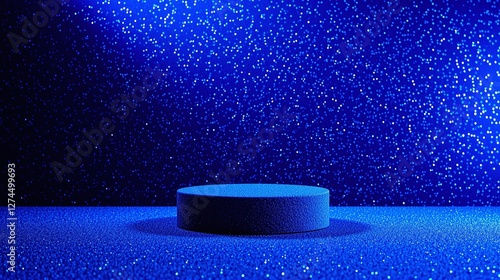 Blue cylindrical pedestal amidst glittering blue background.