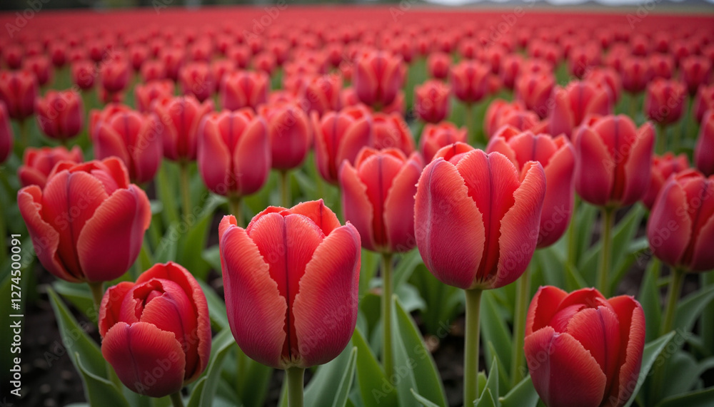 Obraz premium Close-up view of deep red tulips in an endless field, showcasing vibrant colors and delicate petals