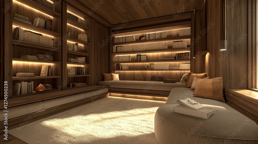 Serene Library Design: A Luxurious Reading Nook with Warm Lighting and Built-in Bookshelves