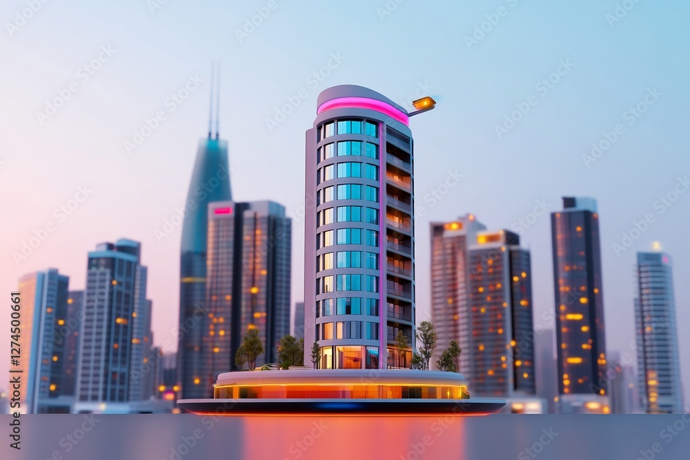 Naklejka premium futuristic skyscraper with floating helipad glowing rooftop lights
