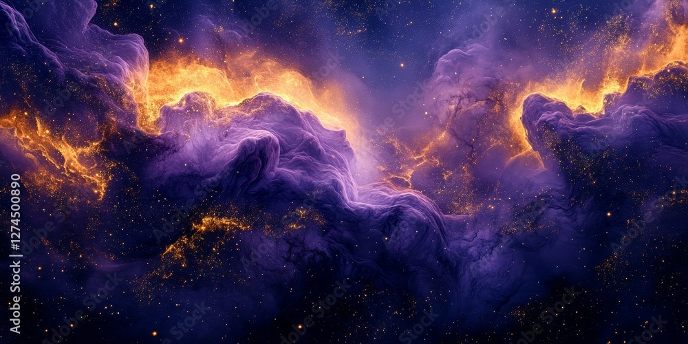 Fototapeta premium a mesmerizing space nebula with vibrant colors of purple and orange, reminiscent of a cosmic painting. The image captures the beauty and mystery of the universe