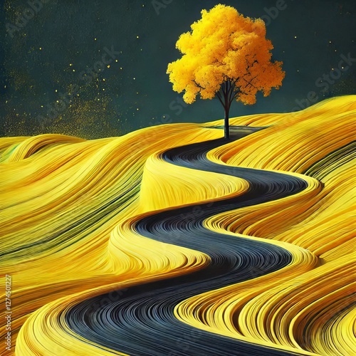 A surreal landscape with yellow fabric hills, a winding black road, and a single yellow tree photo