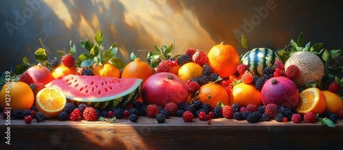 Sunlit still life of assorted summer fruits, including watermelon, berries, and citrus fruits on a wooden surface. photo