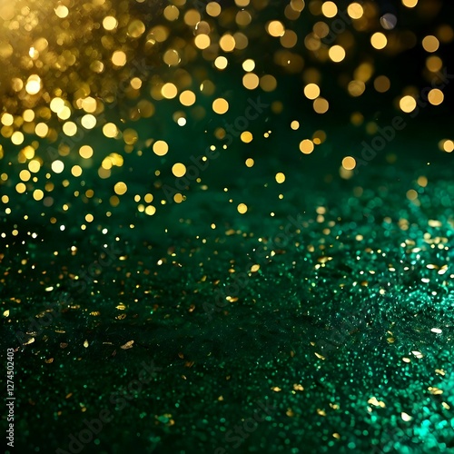 Elegant Dark Green and Gold Abstract Background with Shimmering Particles and Bokeh Light	