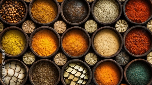 Fototapeta Naklejka Na Ścianę i Meble -  Colorful spice powders in bowls, wooden background, food photography, recipe website