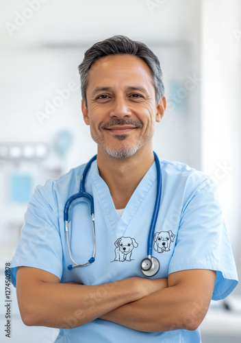 Confident male veterinarian in light blue scrubs with dog prints and stethoscope