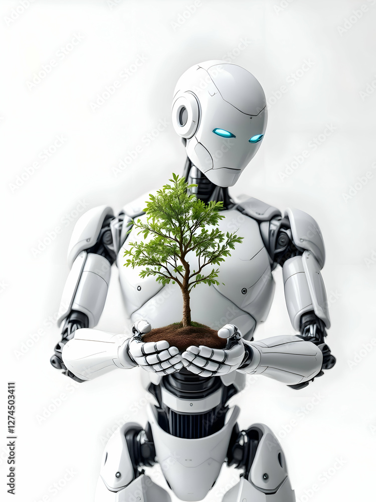 Naklejka premium Robot holding a green tree