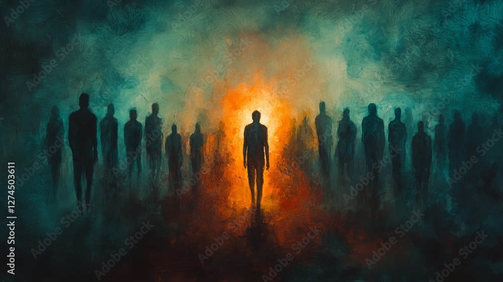 Fototapeta premium An illustration of a figure among a blurred and indistinct crowd. A figure among the crowd under hazy darkness in a concept of melancholy.
