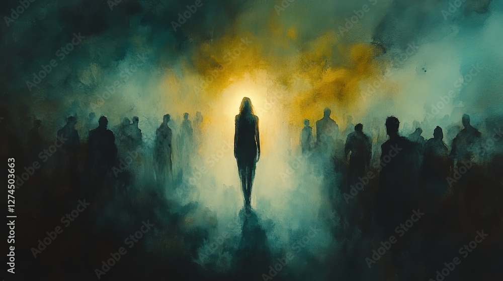 Obraz premium An illustration of a figure among a blurred and indistinct crowd. A figure among the crowd under hazy darkness in a concept of melancholy.