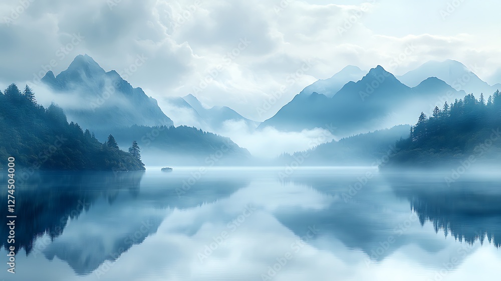 Foggy mountain lake with mirrored reflections high resolution hd picture Foggy mountain lake with mirrored reflections high resolution hd picture