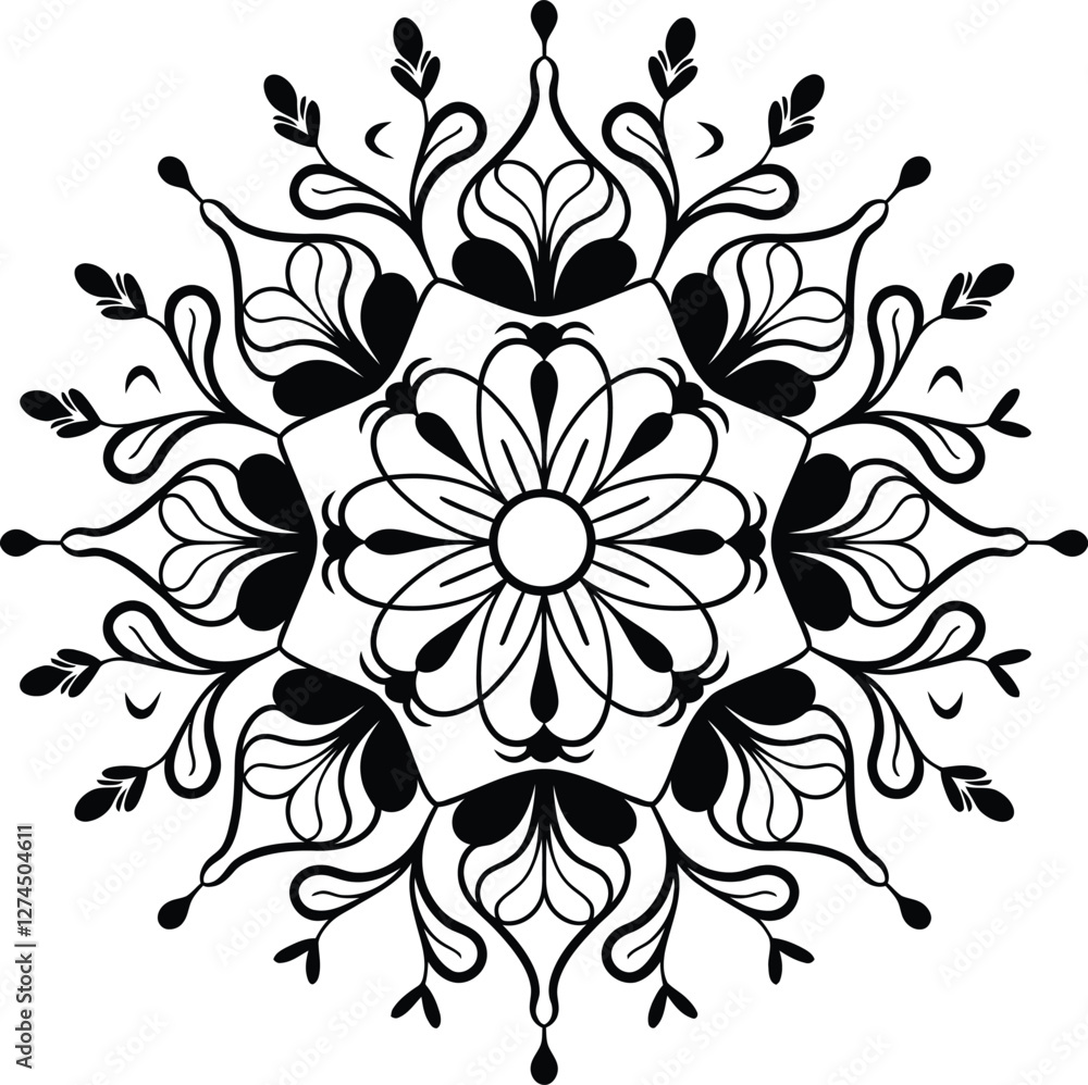 Fototapeta premium Floral Mandala Vector Design | Intricate Flower Pattern | Black and White Decorative Ornament