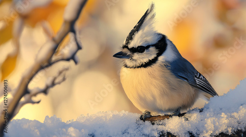  Beautiful blue jay perched on a snow-covered branch in golden winter light, perfect for wildlife photography, seasonal greetings, and nature-themed designs photo