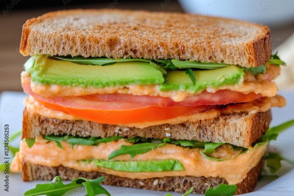 Delicious avocado sandwich with tomato and arugula on whole grain bread Delicious avocado sandwich with tomato and arugula on whole grain bread