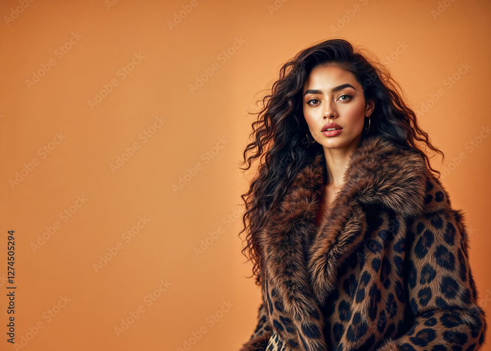 A model wears faux fur and animal print clothing, emphasizing environmental consciousness and reflecting current designer trends A model wears faux fur and animal print clothing, emphasizing environmental consciousness and reflecting current designer trends