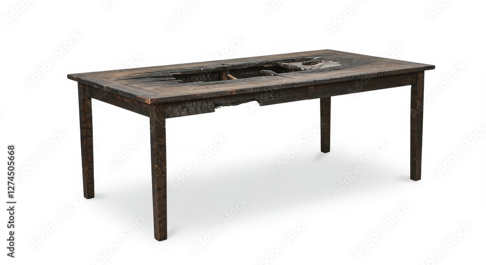 Burned Wood Tabletop Farmhouse Dining Table - Rustic, charred wood dining table. Symbolises resilience, history, transformation, imperfection, and time
