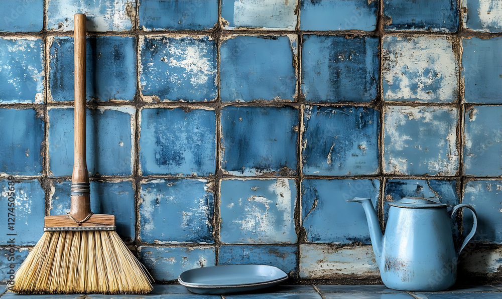 Aged blue tile wall with broom and teapot. Kitchen scene. Possible use Home decor inspiration Aged blue tile wall with broom and teapot. Kitchen scene. Possible use Home decor inspiration