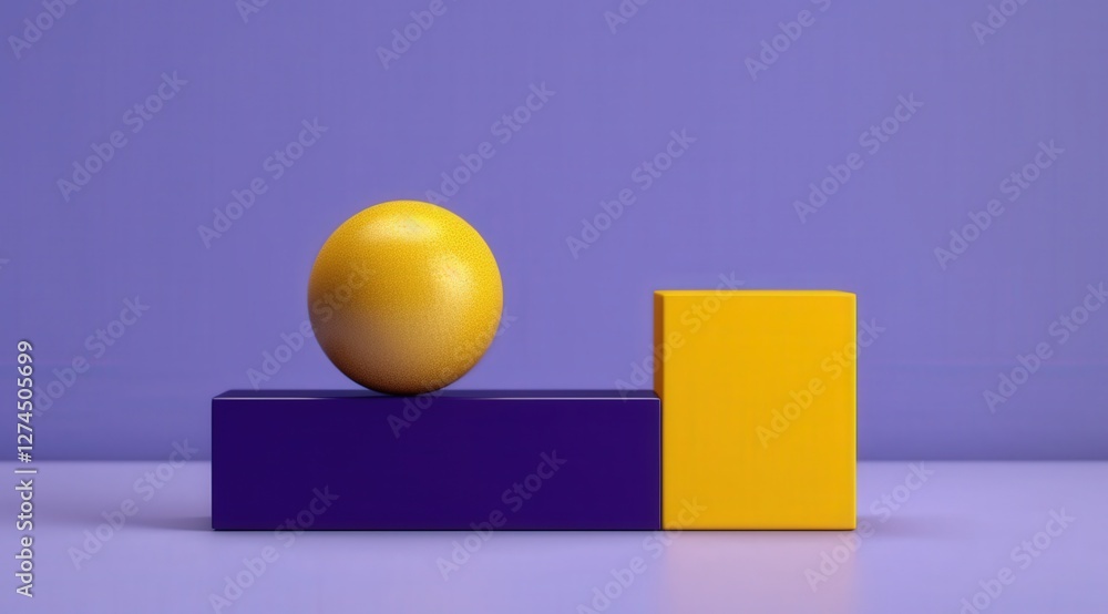 Yellow sphere and cube balance on purple platform; minimalist design, website background Yellow sphere and cube balance on purple platform; minimalist design, website background