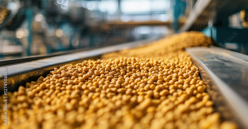 Unprocessed soybeans are seen in a close-up shot as they cascade down a conveyor belt in an agricultural processing facility Unprocessed soybeans are seen in a close-up shot as they cascade down a conveyor belt in an agricultural processing facility