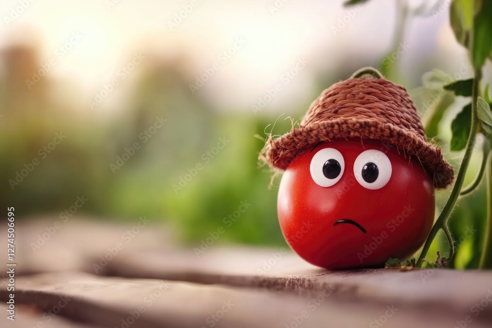 Red tomato with eyes and straw hat on wooden surface in garden Red tomato with eyes and straw hat on wooden surface in garden