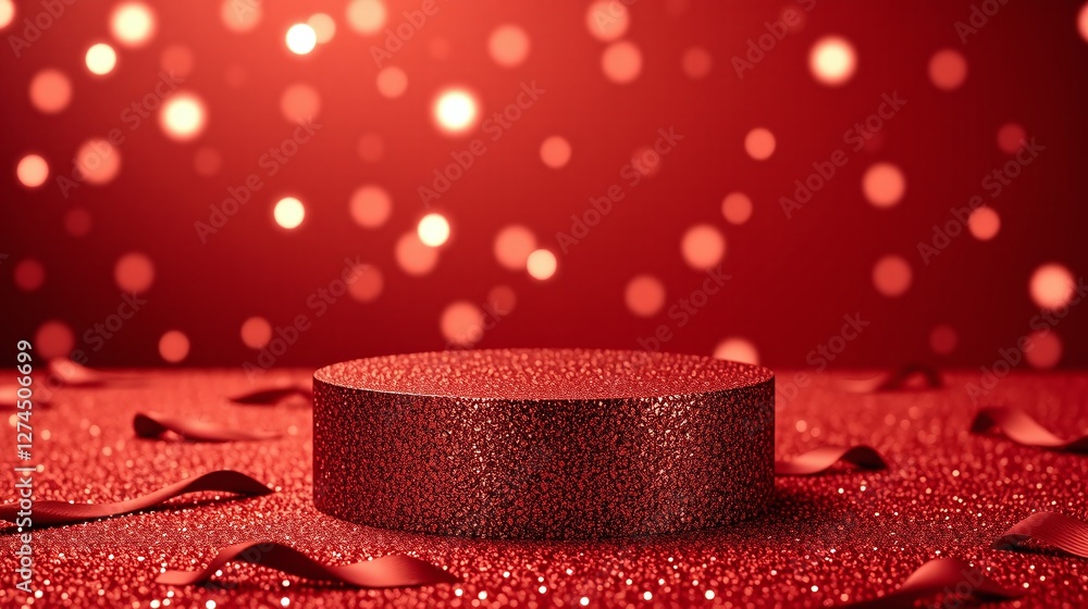 Sparkling red pedestal against illuminated sparkling backdrop. Sparkling red pedestal against illuminated sparkling backdrop.