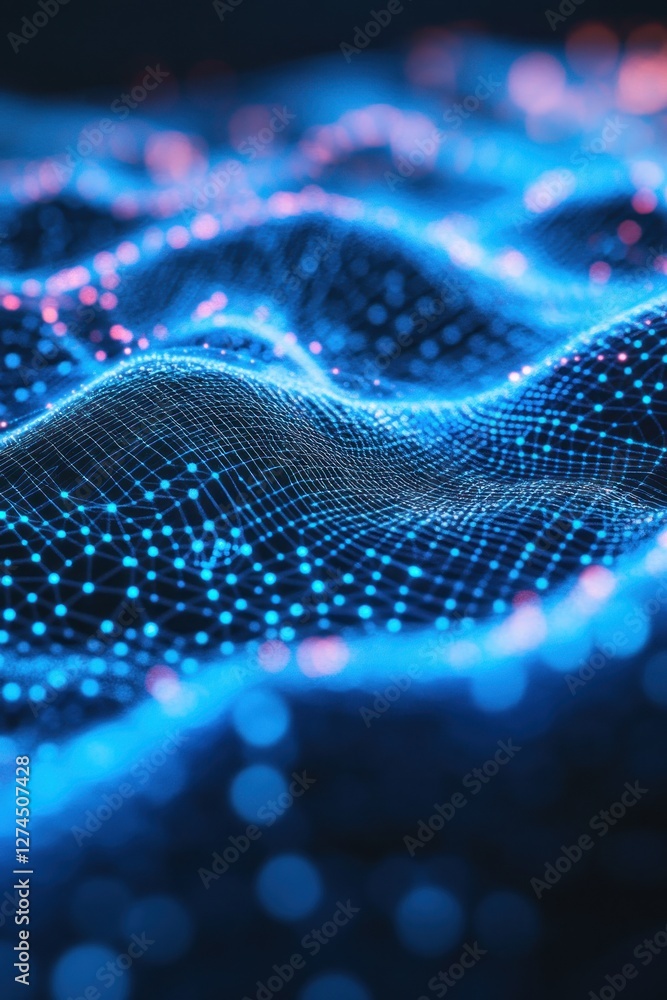 Abstract representation of flowing digital waves illuminated with blue and pink lights, creating a mesmerizing visual effect Abstract representation of flowing digital waves illuminated with blue and pink lights, creating a mesmerizing visual effect