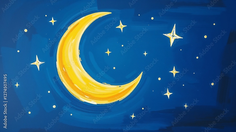 Fototapeta premium Yellow crescent moon and stars in a deep blue night sky, whimsical art style