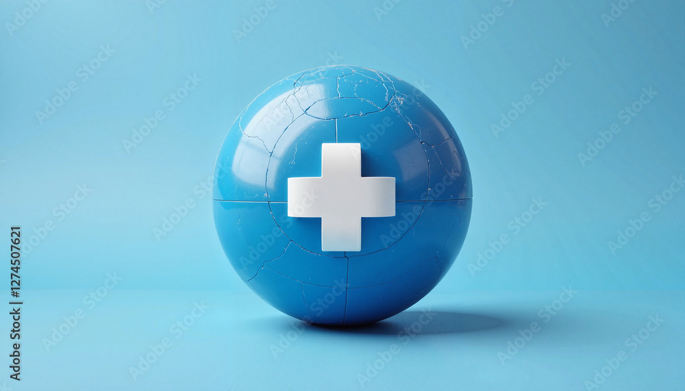 Bright blue globe with medical cross on surface, global health symbol Bright blue globe with medical cross on surface, global health symbol