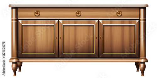 Vintage wooden sideboard cabinet with drawers and doors on transparent background