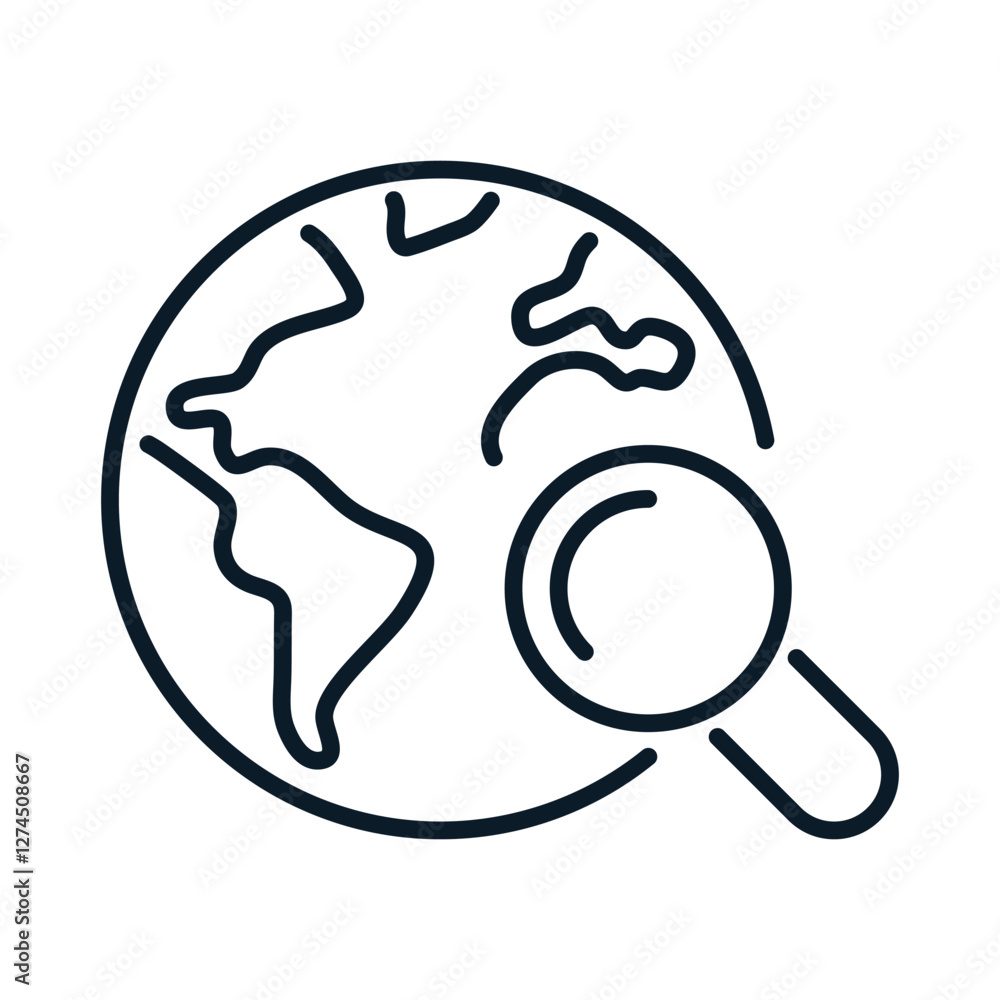 Global search outline icon. Planet Earth with magnifier glass Global search outline icon. Planet Earth with magnifier glass