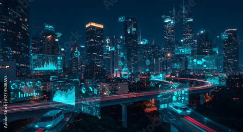 Futuristic Smart Cityscape at Night with Holographic Data Overlays