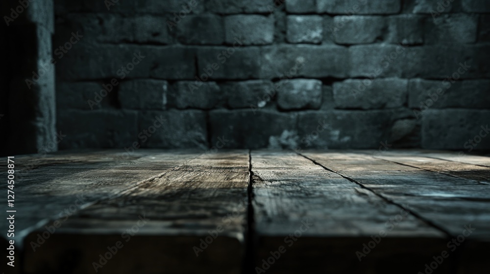Obraz premium Dark Wooden Table Against a Rustic Stone Wall Background