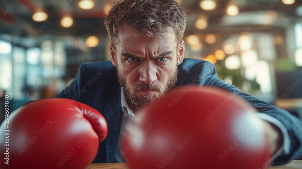 Young businessman training hard in office with boxing gloves on desk Young businessman training hard in office with boxing gloves on desk
