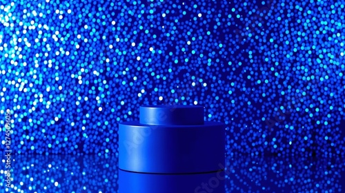 Blue podium with reflective surface against a vibrant, dotted blue background.
