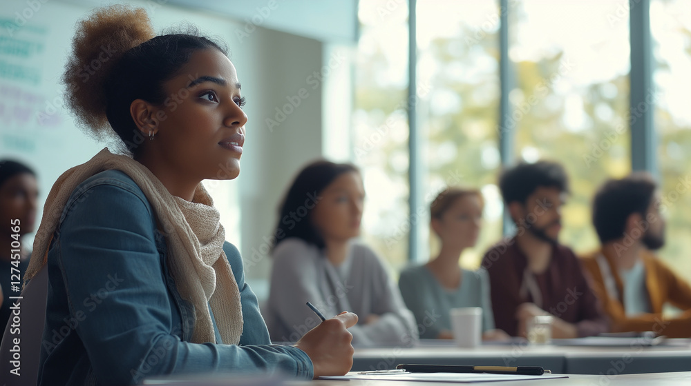Obraz premium Eine junge Frau sitzt in einem modernen Konferenzraum, umgeben von Kollegen, und scheint aufmerksam zuzuhören. Tageslicht flutet den Raum durch große Fenster