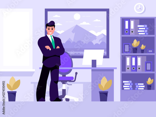 The boss in the office. Businessman stands with arms crossed on chest. Standing confident man in a suit and tie. Student study room. Executive office space. Vector graphics