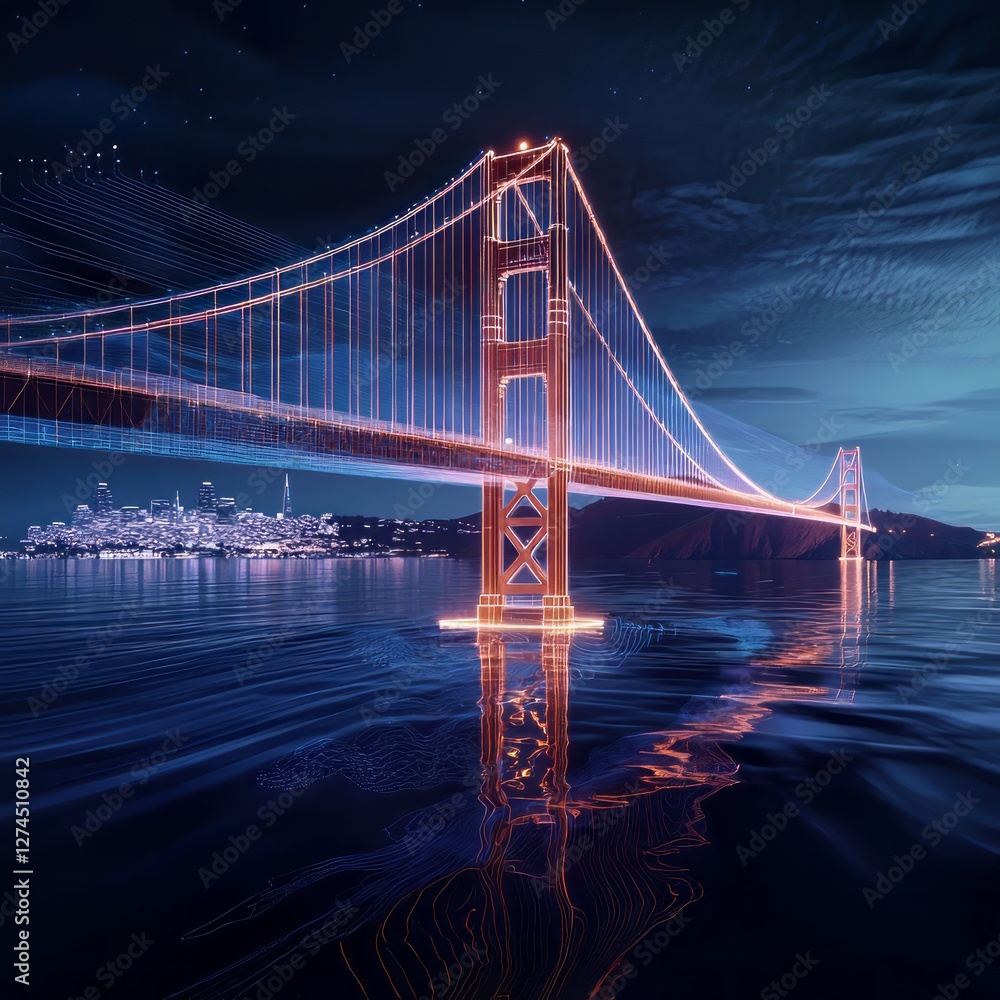 Obraz premium Futuristic Golden Gate Bridge illuminated with glowing digital lines, reflecting on water under a dramatic night sky. AI generative.