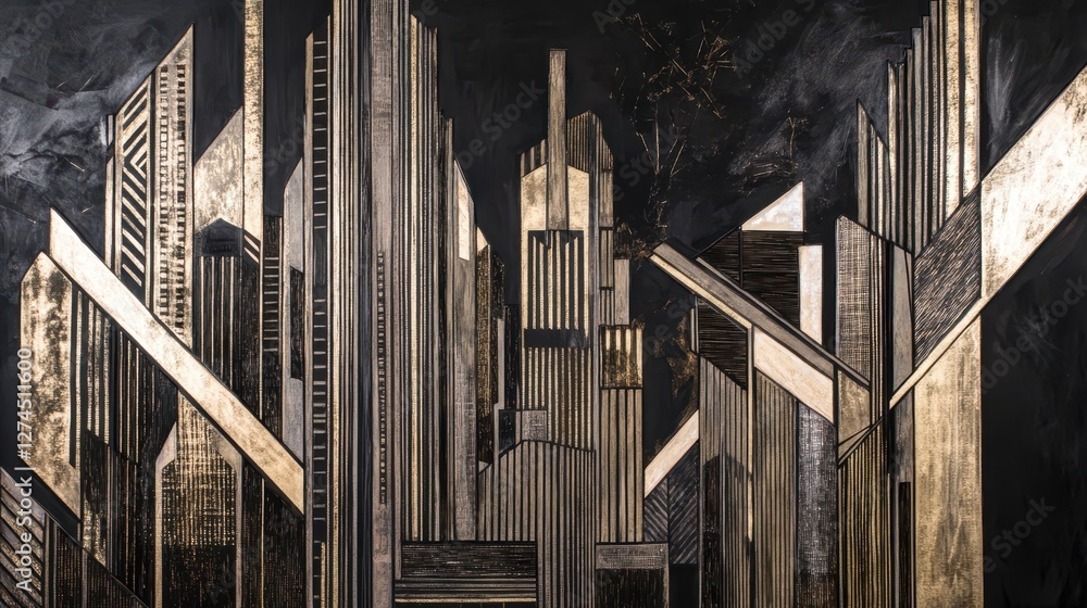 Obraz premium Abstract geometric artwork depicting a modern city skyline with metallic textures and contrasting shadows, evoking urban energy and architectural beauty