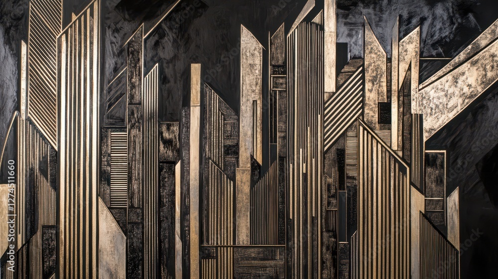 Obraz premium Abstract Golden and Black Geometric Design with Vertical Lines and Varying Textures in Contemporary Style Suitable for Modern Decor or Art Display