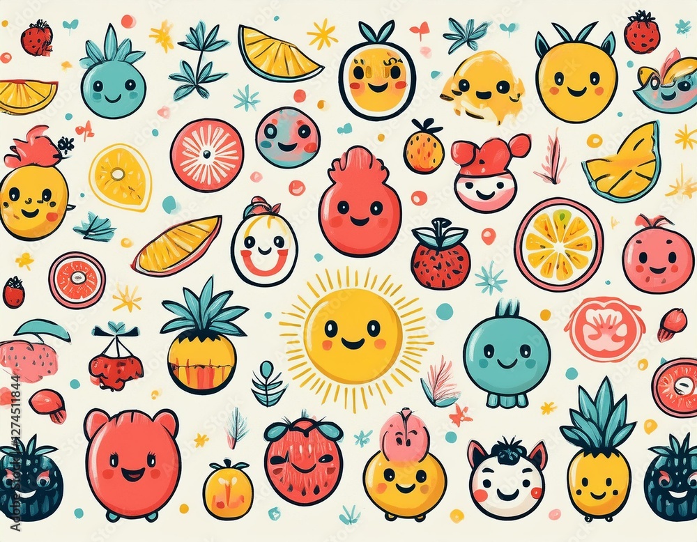 Fototapeta premium Colorido dibujo a mano de dibujos animados de frutas tropicales lindos y caras soleadas en un fondo ligero