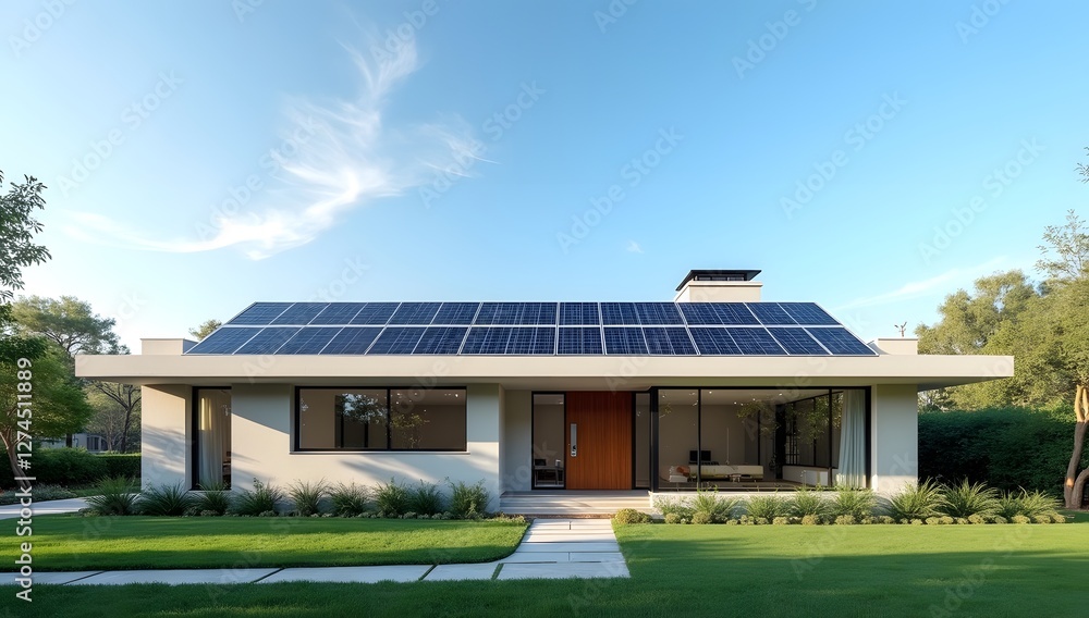 Solar-Powered Home A high-resolution exterior shot of a modern home with solar panels on the roof, set against a clear blue sky Solar-Powered Home A high-resolution exterior shot of a modern home with solar panels on the roof, set against a clear blue sky